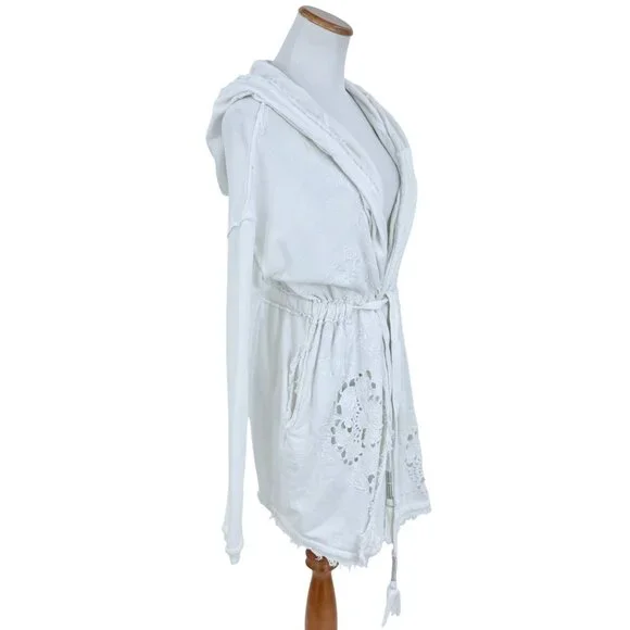 Free People Ivory French Terry Relaxed Hooded Wrap Cardigan Jacket Coastal Boho